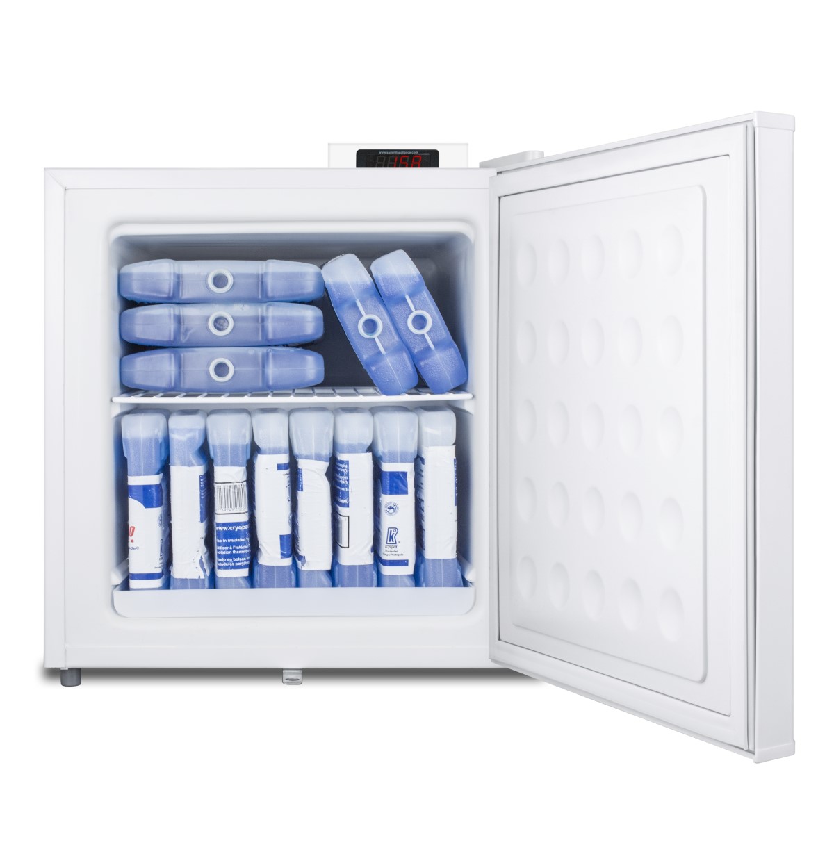 Compact -20 C vaccine storage all-freezer with digital thermostat, temperature alarm, hospital grade cord, self-closing door, and front lock